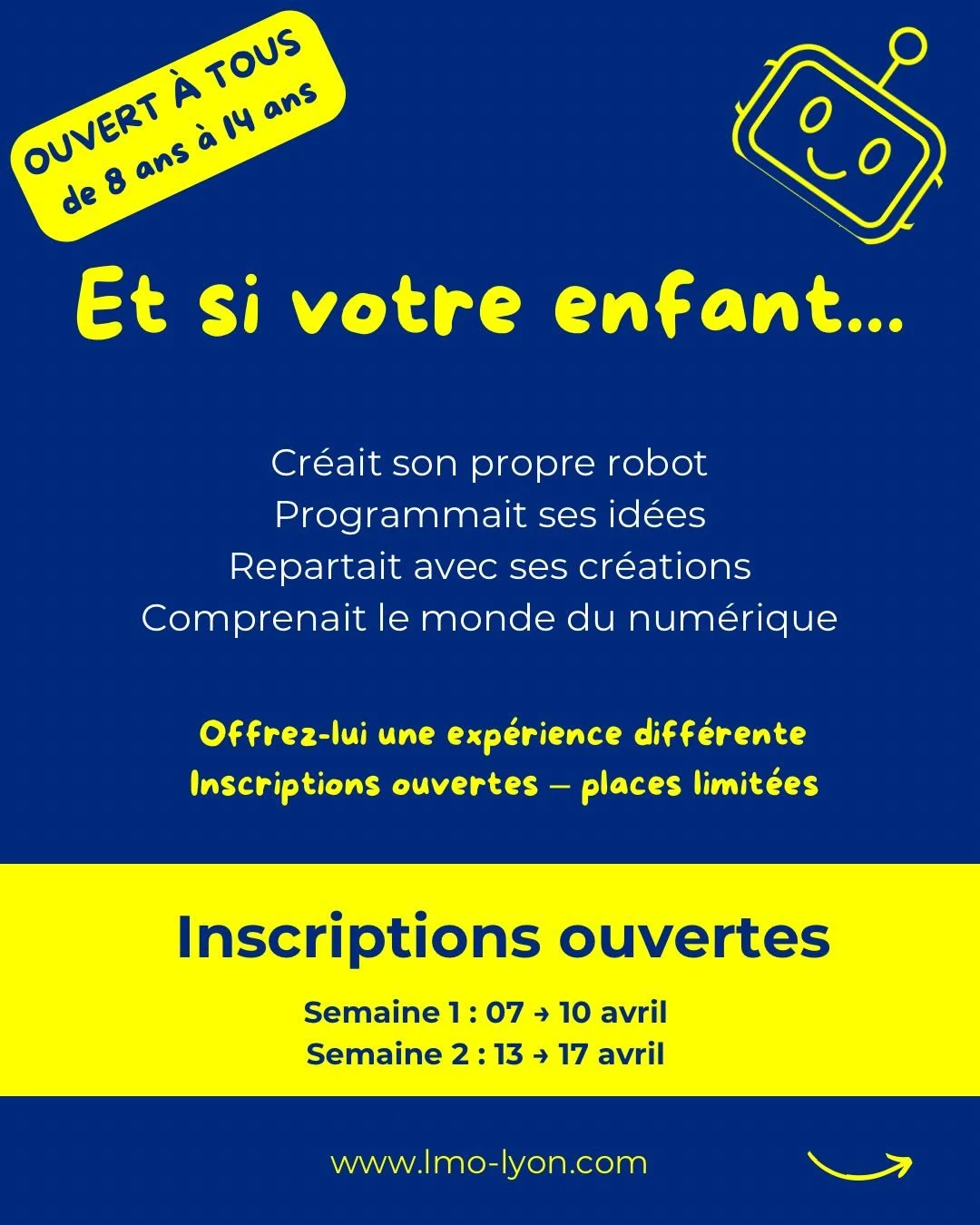 Et si votre enfant profitait des vacances pour cr&eacute;er, comprendre&hellip; et s&rsquo;amuser ? 🤖

Pendant nos stages d&rsquo;avril, il d&eacute;couvre :
 ✔️ La robotique et l&rsquo;impression 3D
 ✔️ Les bases de la programmation (en s&rsquo;amu