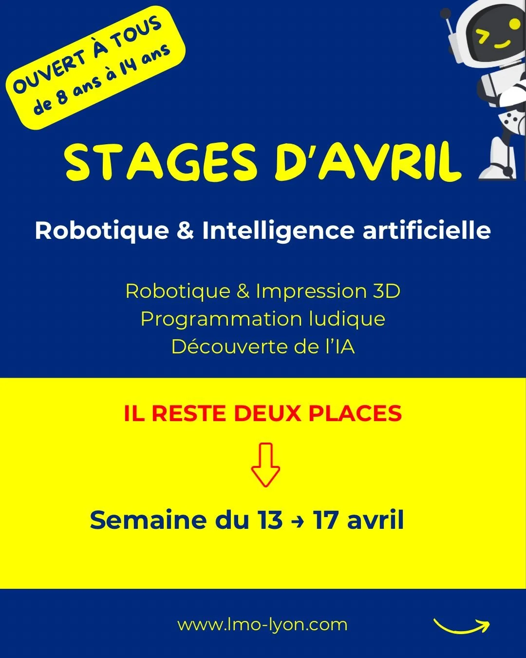 Et si votre enfant profitait des vacances pour apprendre&hellip; autrement ? 🤖

📌 Deux places disponibles cette semaine 

Pendant nos stages d&rsquo;avril, il ne fait pas que regarder :
 il cr&eacute;e, il programme, il comprend.
Robotique, impress