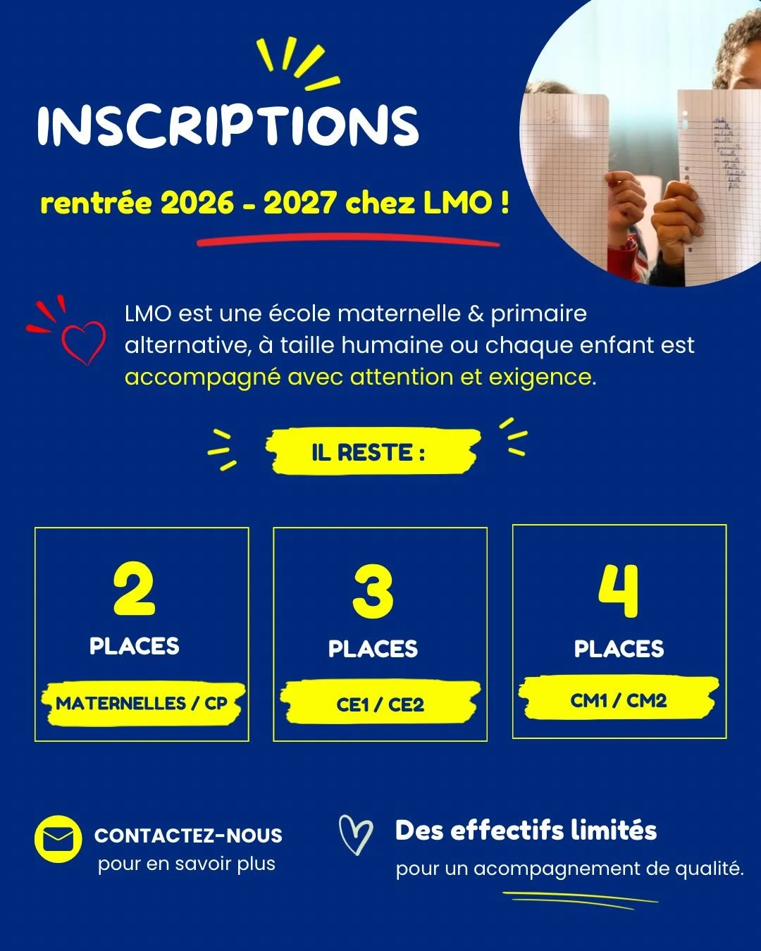 📢 Inscriptions ouvertes &ndash; rentr&eacute;e 2026/2027

Vous recherchez une &eacute;cole o&ugrave; votre enfant progresse &agrave; son rythme, dans un environnement bienveillant et exigeant &agrave; la fois ?
LMO accueille les &eacute;l&egrave;ves