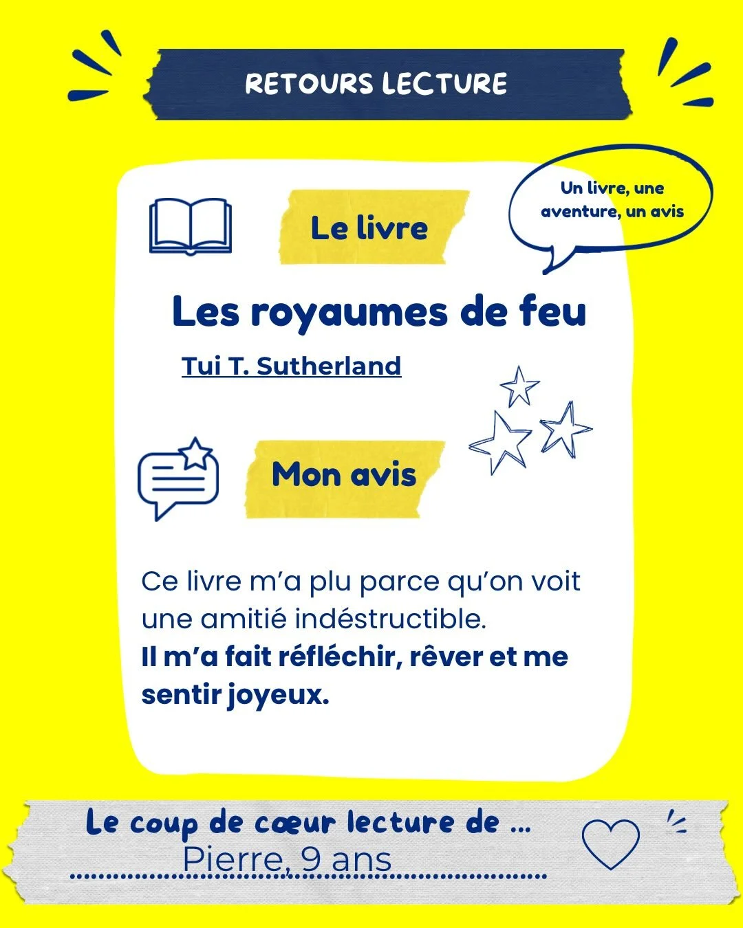 Retour lecture de Pierre 9 ans

&laquo;&nbsp;Il m&rsquo;a fait r&eacute;fl&eacute;chir, r&ecirc;ver et me sentir joyeux.&nbsp;&raquo; 📖

Bon vendredi 

#lecturejeunesse #lectureenfant #livrejeunesse #ecolelyon5