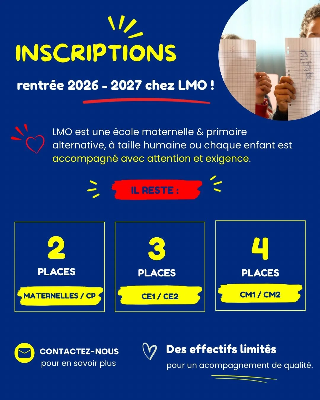 📢 Inscriptions ouvertes &ndash; rentr&eacute;e 2026/2027

Vous recherchez une &eacute;cole o&ugrave; votre enfant progresse &agrave; son rythme, dans un environnement bienveillant et exigeant &agrave; la fois ?

LMO accueille les &eacute;l&egrave;ve