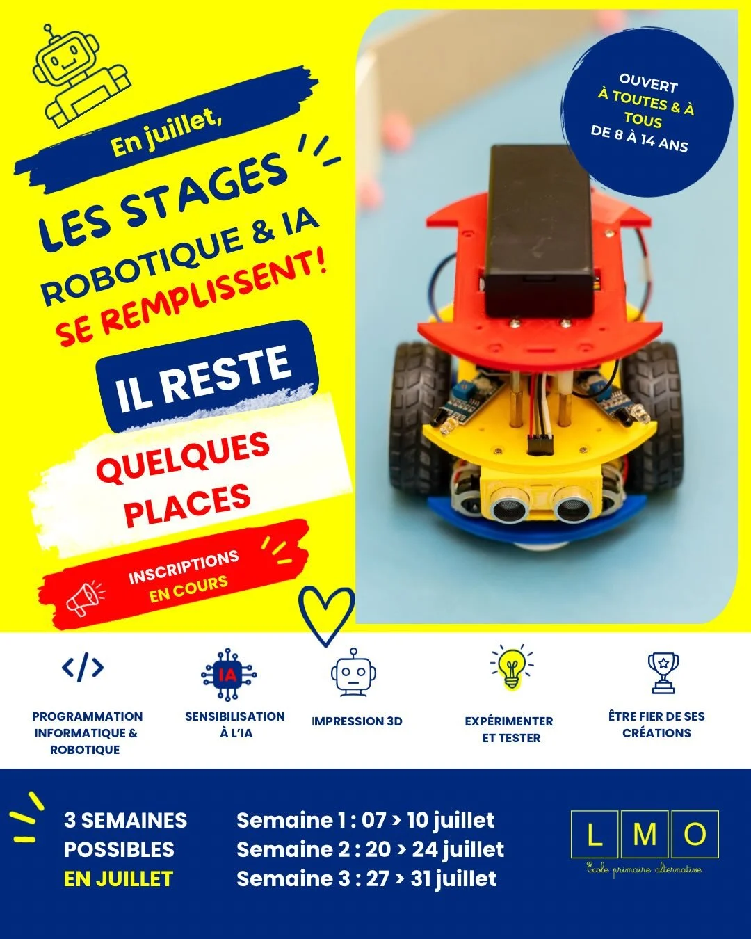 Et si votre enfant profitait des vacances pour cr&eacute;er, comprendre&hellip; et s&rsquo;amuser ? 🤖

Pendant nos stages de juillet, il d&eacute;couvre :
 ✔️ La robotique et l&rsquo;impression 3D
 ✔️ Les bases de la programmation (en s&rsquo;amusan