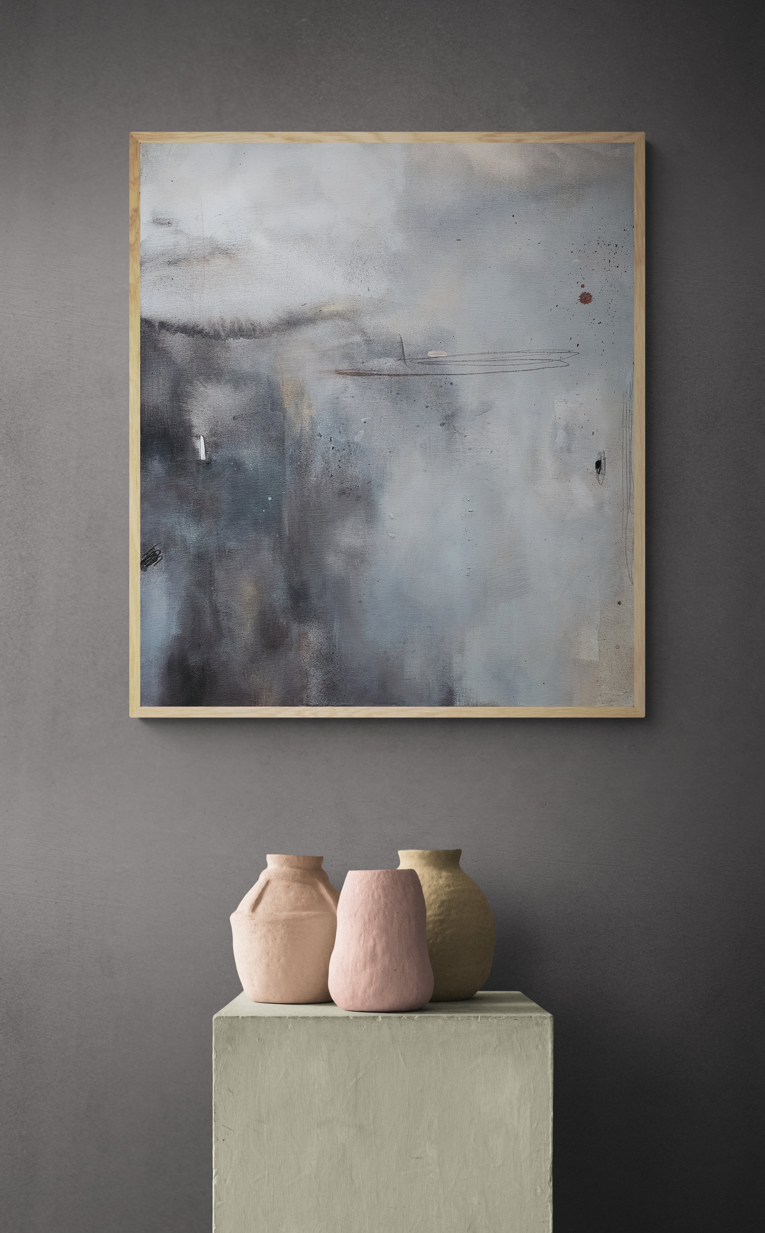 Contemporary abstract neutral painting, Misty Sunset With You by MandrikaArt.