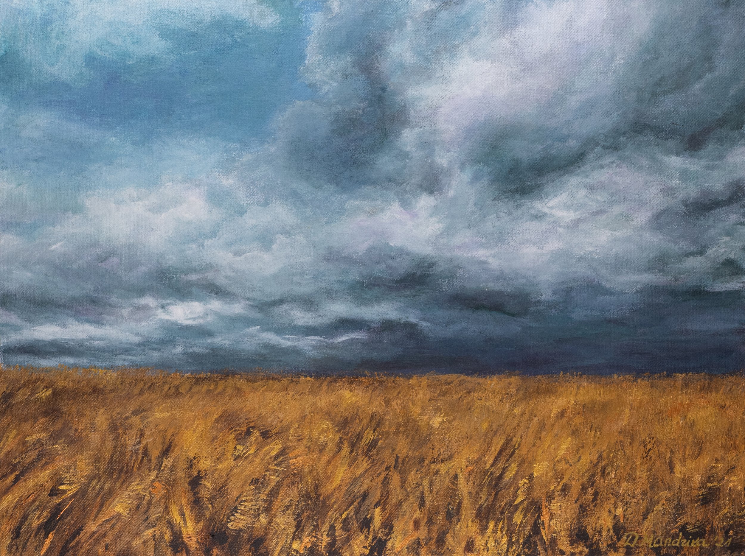Original acrylic painting August Storm from Storm Cloud Collection by MandrikaArt. A golden field under dark blue stormy skies.