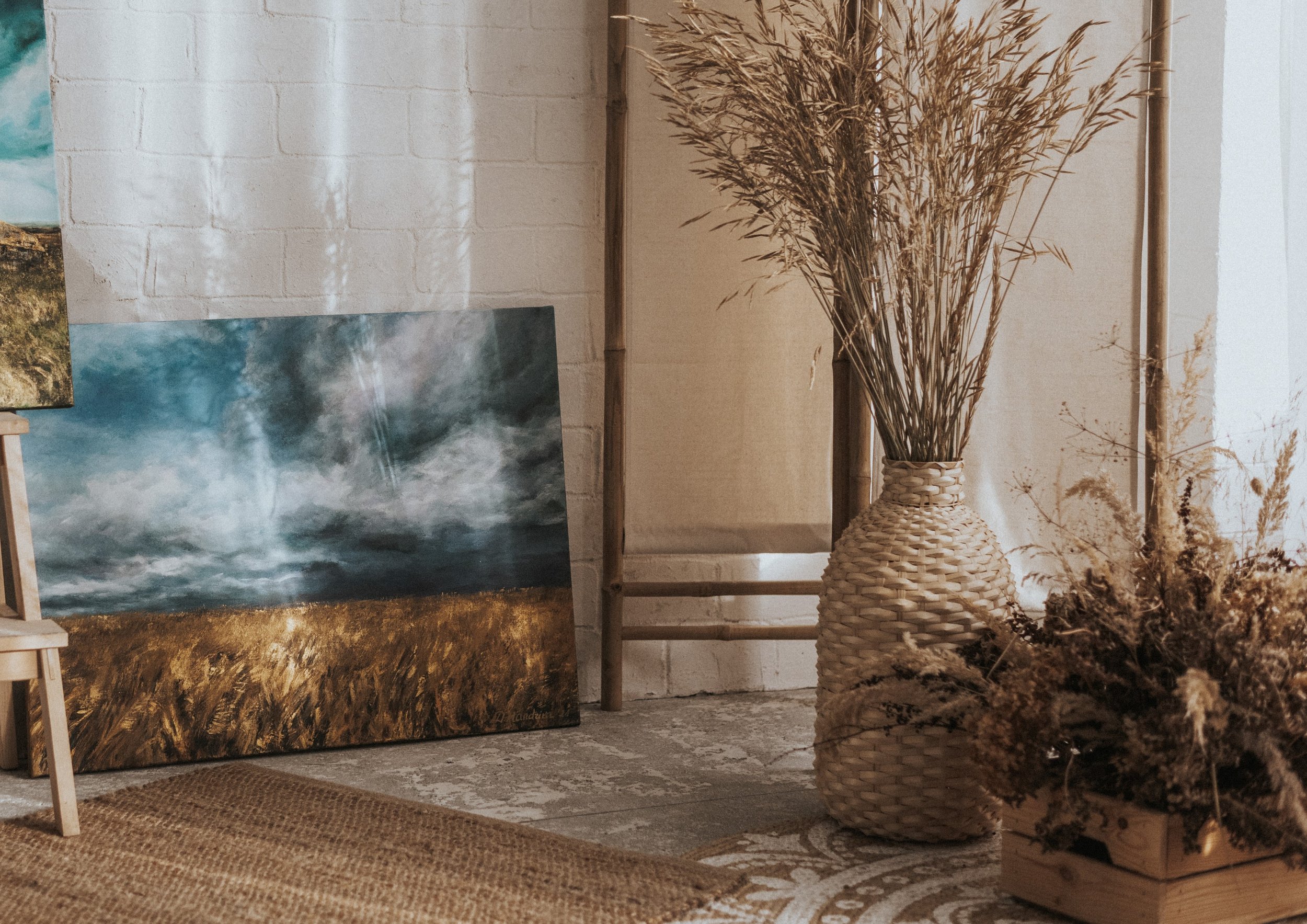 Original acrylic painting August Storm from Storm Cloud Collection by MandrikaArt. A golden field under dark blue stormy skies.