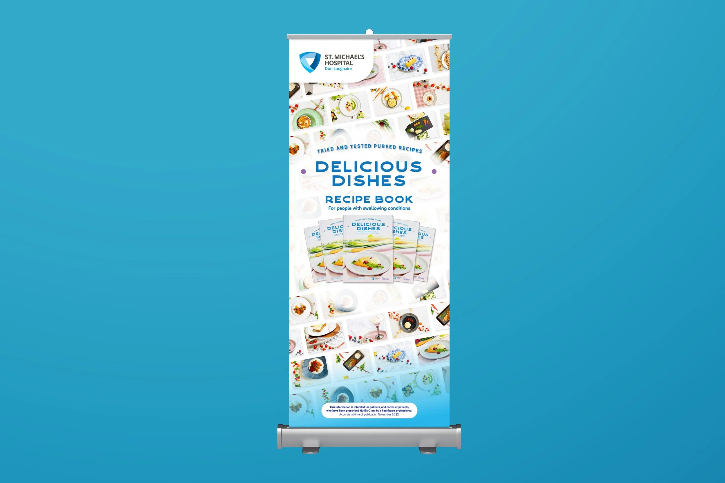 A pull up stand for the launch the Delicious Dishes Recipe Book designed for Nutricia and St Michael's Hospital. Designed by Designfolk Consultants.
