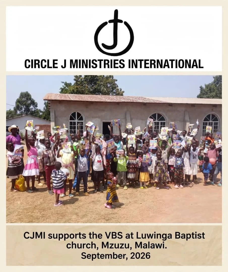 Group of children and adults holding books outside of a church building with trees in the background. The event supports VBS at Luwinga Baptist Church, Malawi, September 2026.