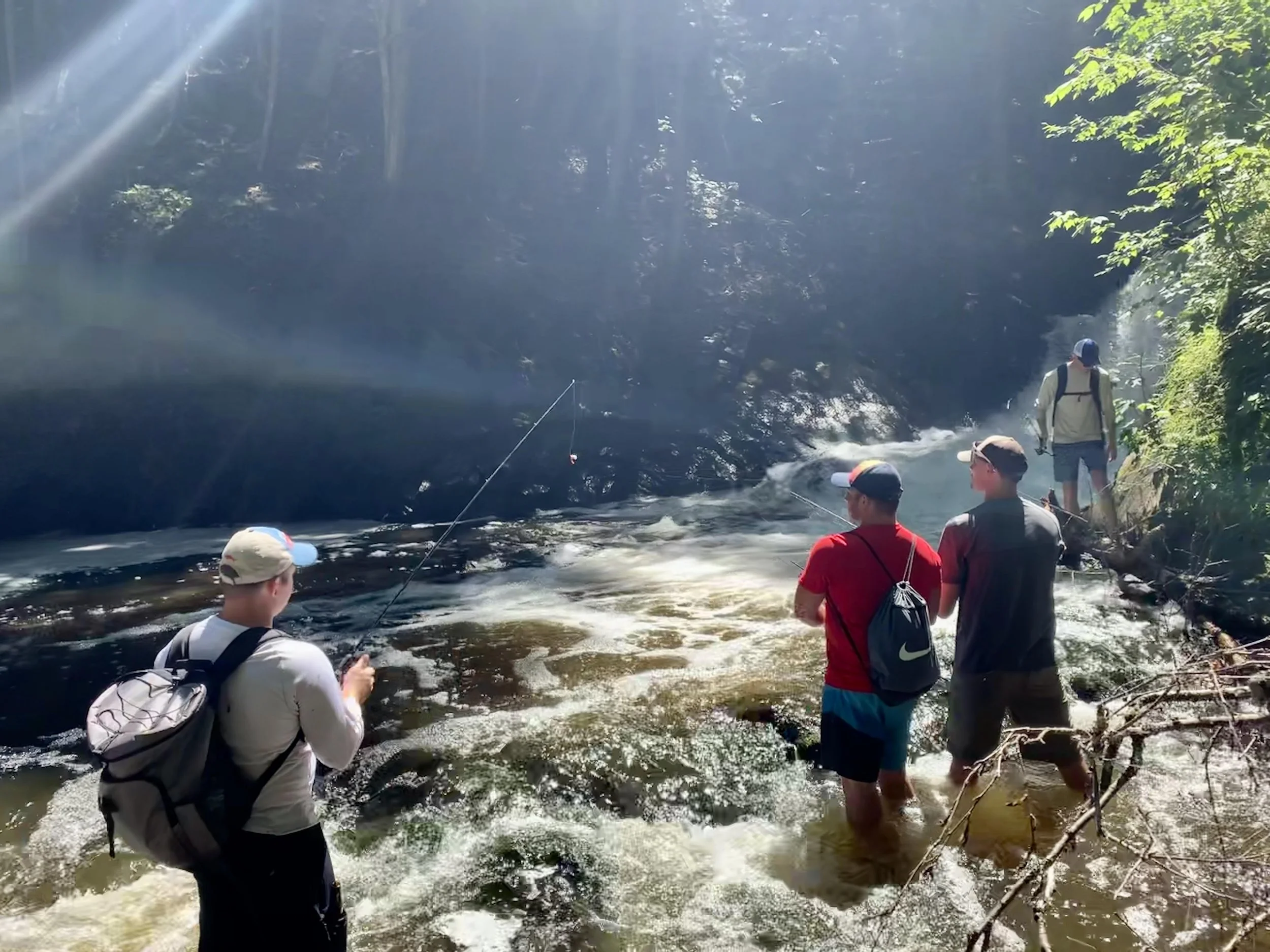 Three people fly fishing in a shallow river in Marquette, Michigan, surrounded by lush green forest.
