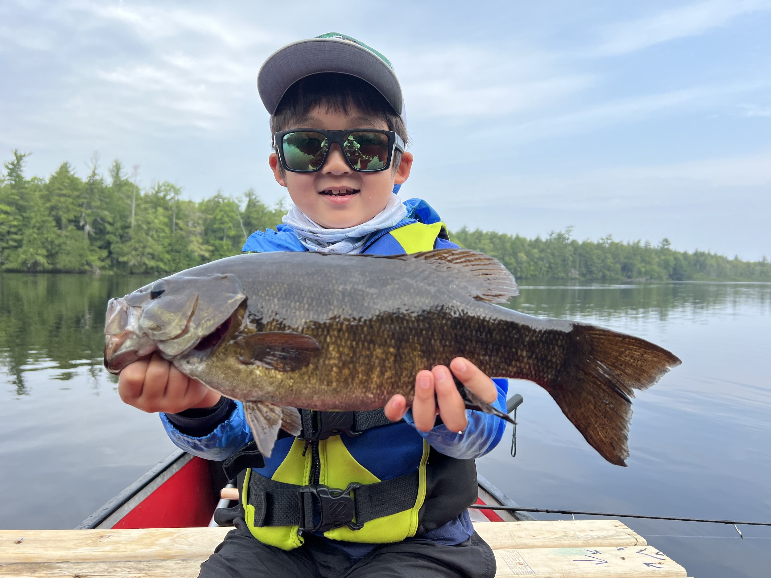 Person holding a large fish while sitting on a boat in a lake with a forest in the background.