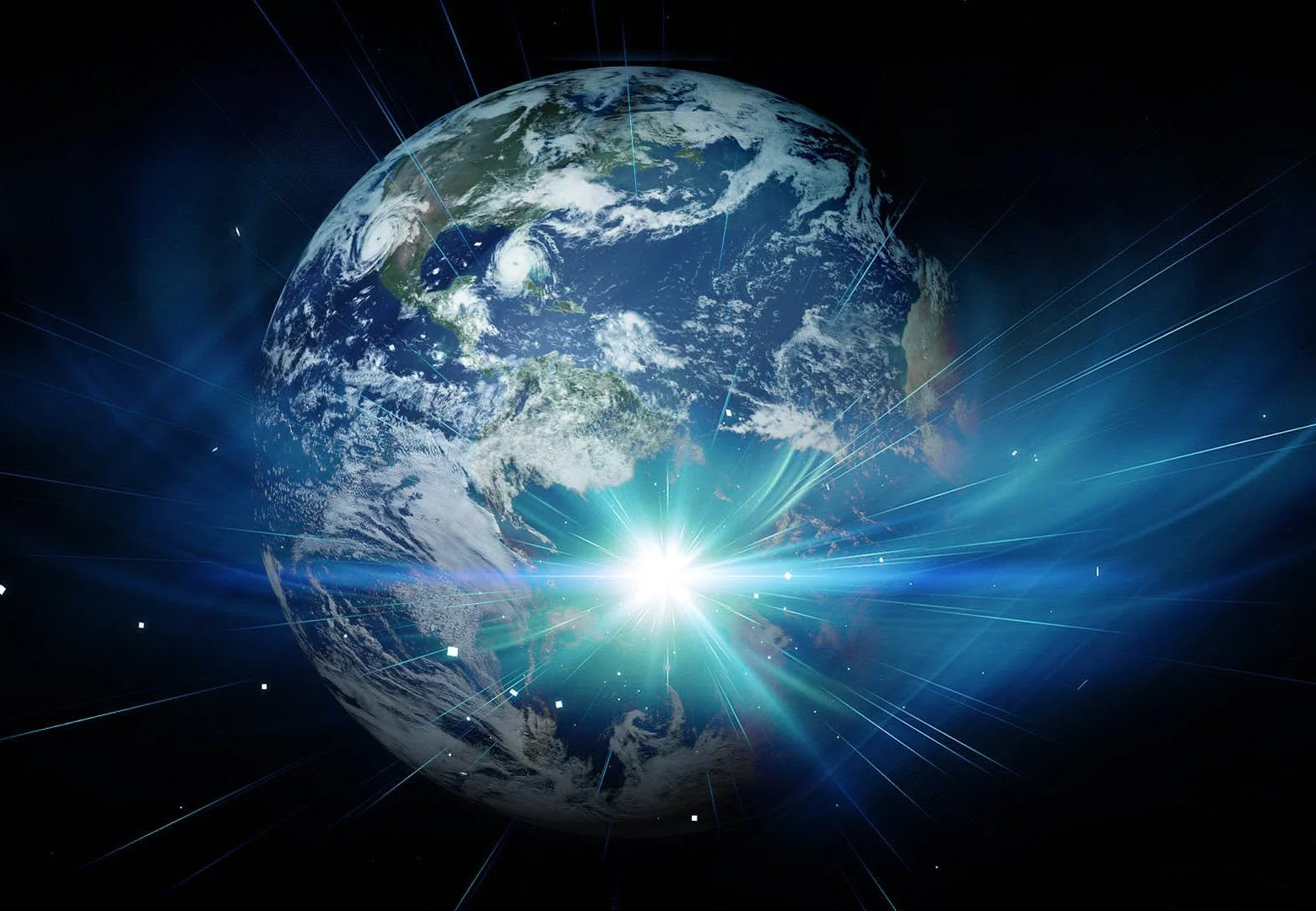 Digital rendering of planet Earth from space with light rays and digital effects.