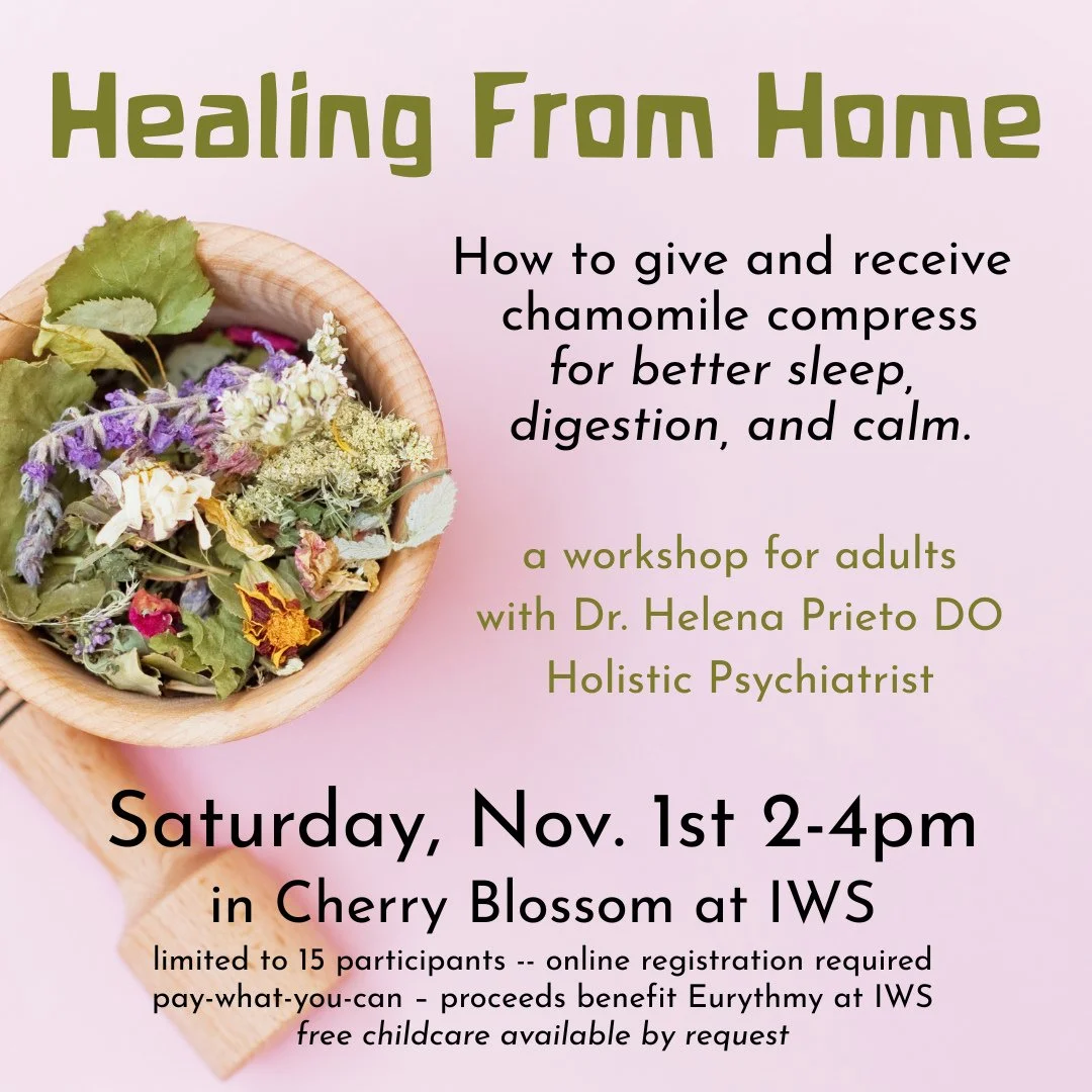 Our school doctor, Helena Prieto DO, will lead adults in an enriching workshop on anthroposophical home remedies, specifically the chamomile compress. All attendees will learn to both give and receive the compress! 
Preregistration required in our