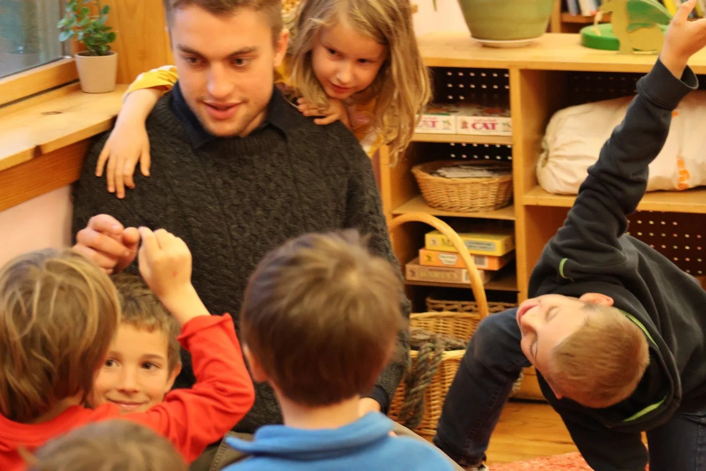 Love for a teacher. Our first graders hear a story that brings the day's content (letters, numbers, etc), and the following day review the material through drawing, movement activities, and theatre. Sleep is an important part of the learning and revi