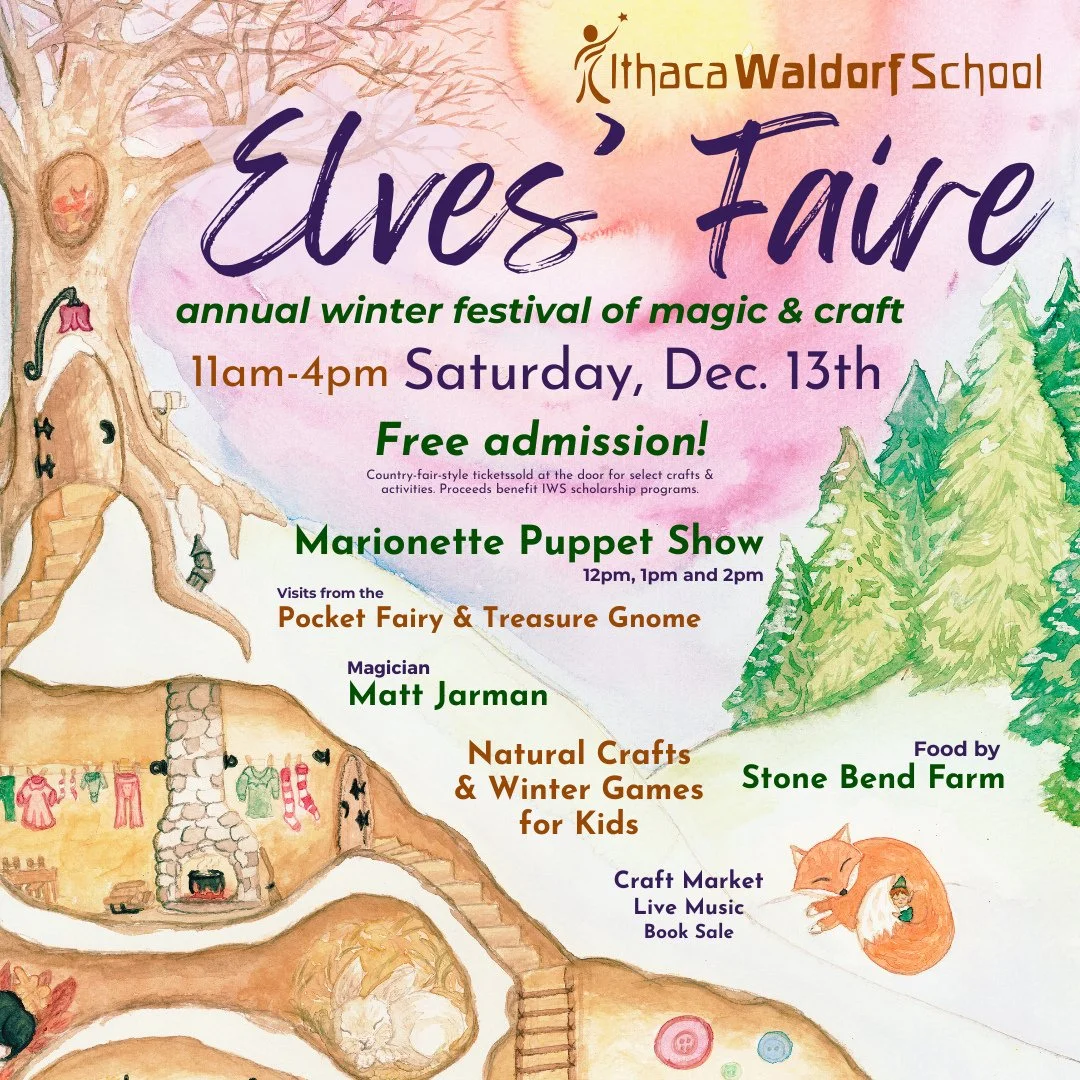 One week from today! Come see our classrooms transformed for Elves' Faire! Find the Pocket Fairy and Treasure Gnome, dip your own beeswax candles, enjoy live music and goods from our bake sale, peruse our book sale and local artisan craft bazaar, and