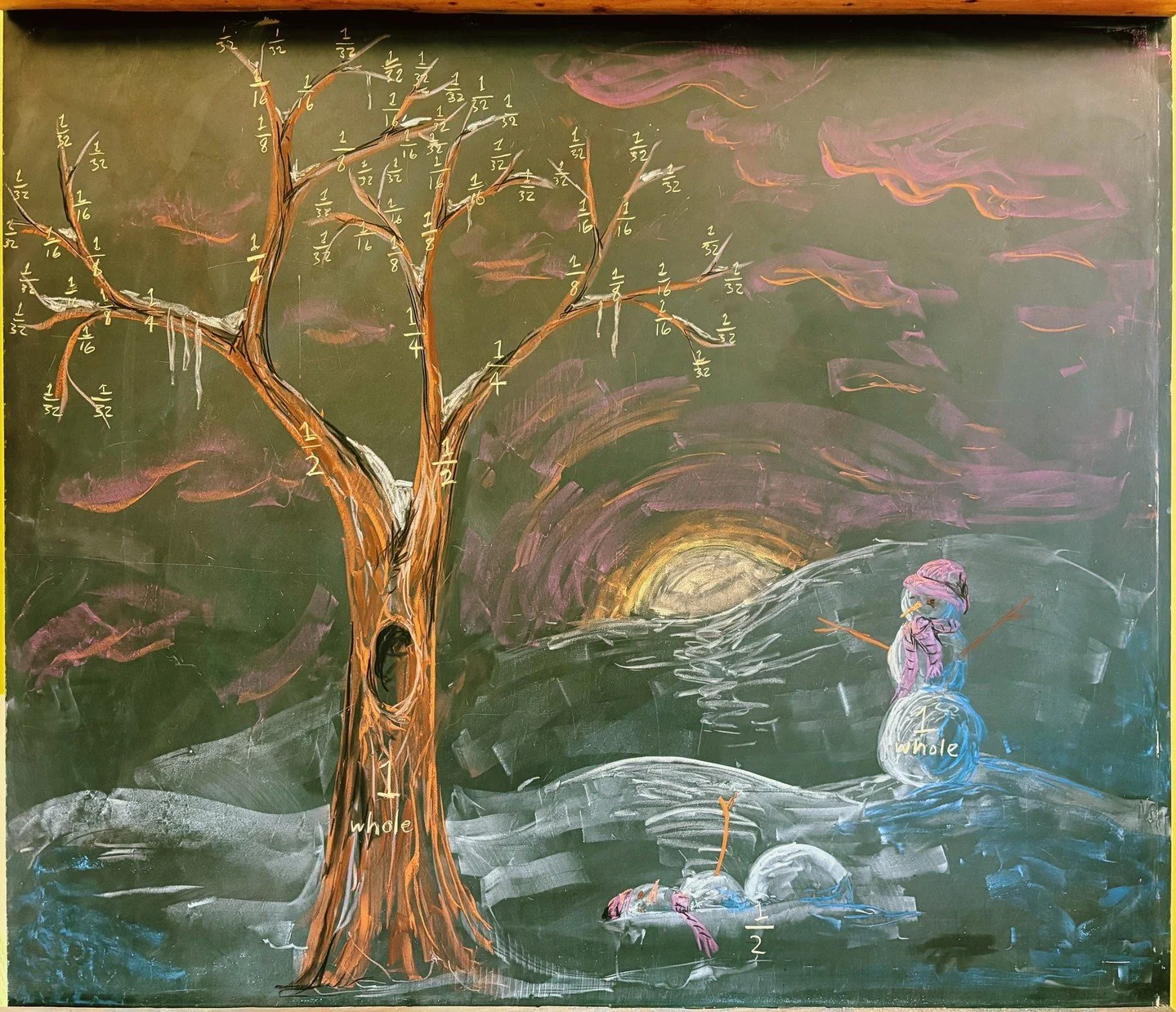 An example of our teachers' creativity in bringing math through the comprehensive arts. All subjects of our curriculum "sticks" better when brought with creativity and beauty that touches the heart.⁠
⁠
#math #fractions #fourthgrade #art #co