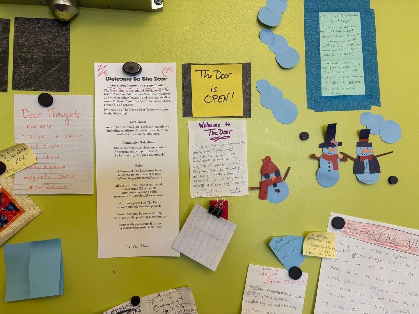 Welcome to The Door! This is the inside of our 6th/7th grade classroom, where students are experimenting with posting and commenting in an analog format. This is a part of their Cyber Civics curriculum, which is used in many Waldorf Schools to teach 