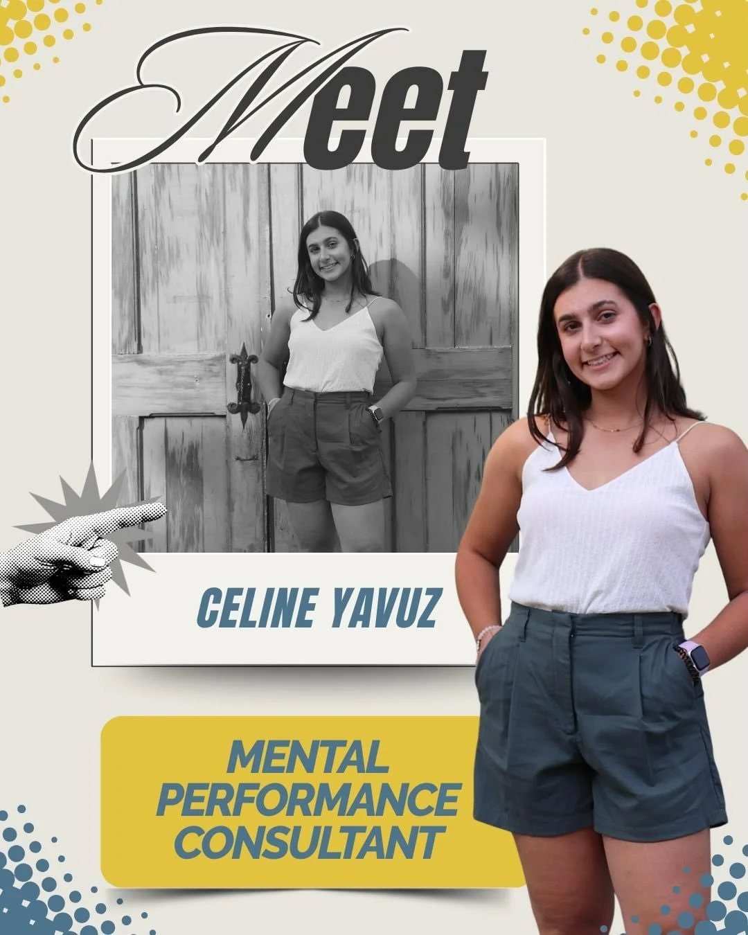 Meet Celine! 🎉

She is a Certified Mental Performance Consultant (CMPC), former dancer and softball athlete and big Blue Jays fan! ⚾

Celine LOVES teaming up with athletes to celebrate the wins and tackle the tough moments &mdash; on and off the fie