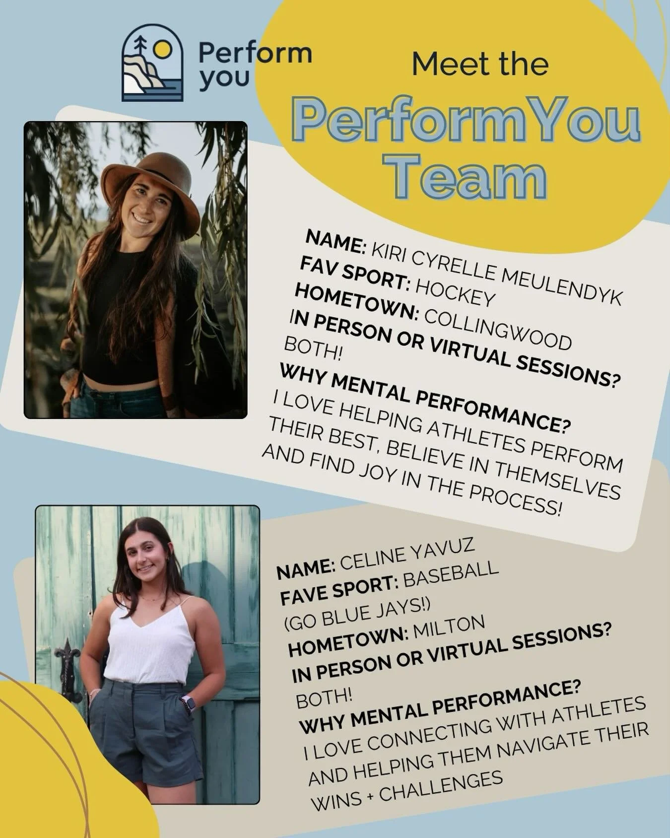 Meet the PerformYou Team! 🎉

Did you know these fun facts about Kiri &amp; Celine? 🤔✨

💌 DM us what you want to learn more about us!

Follow along our journey to discover what makes them brilliant, insightful and how they can boost your mental gam