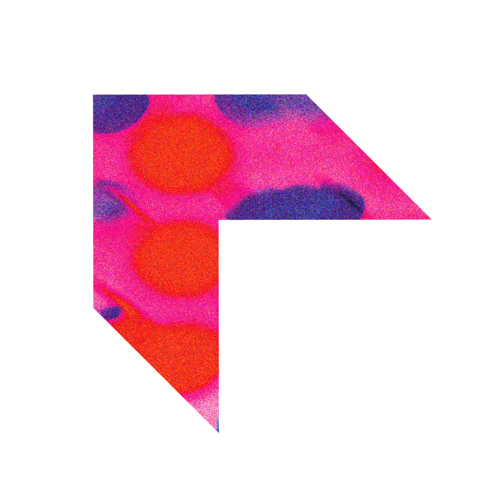 Abstract arrow shape filled with a colorful, dot-like pattern in pink, orange, purple, and blue.