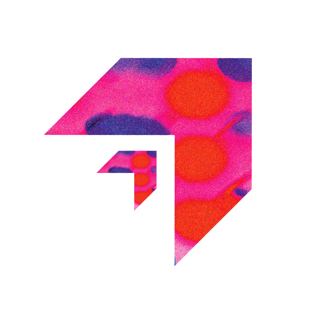 Abstract arrow shape filled with a colorful, dot-like pattern in pink, orange, purple, and blue.