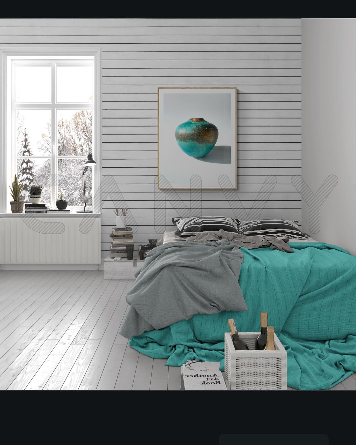 Having a play with @canvy to see how photography of my pots would look like as a print in different interiors. I&rsquo;m liking the bedroom vibe 😄this pot is very small in reality. 
 #interiordesign #pottery #oceaninspired