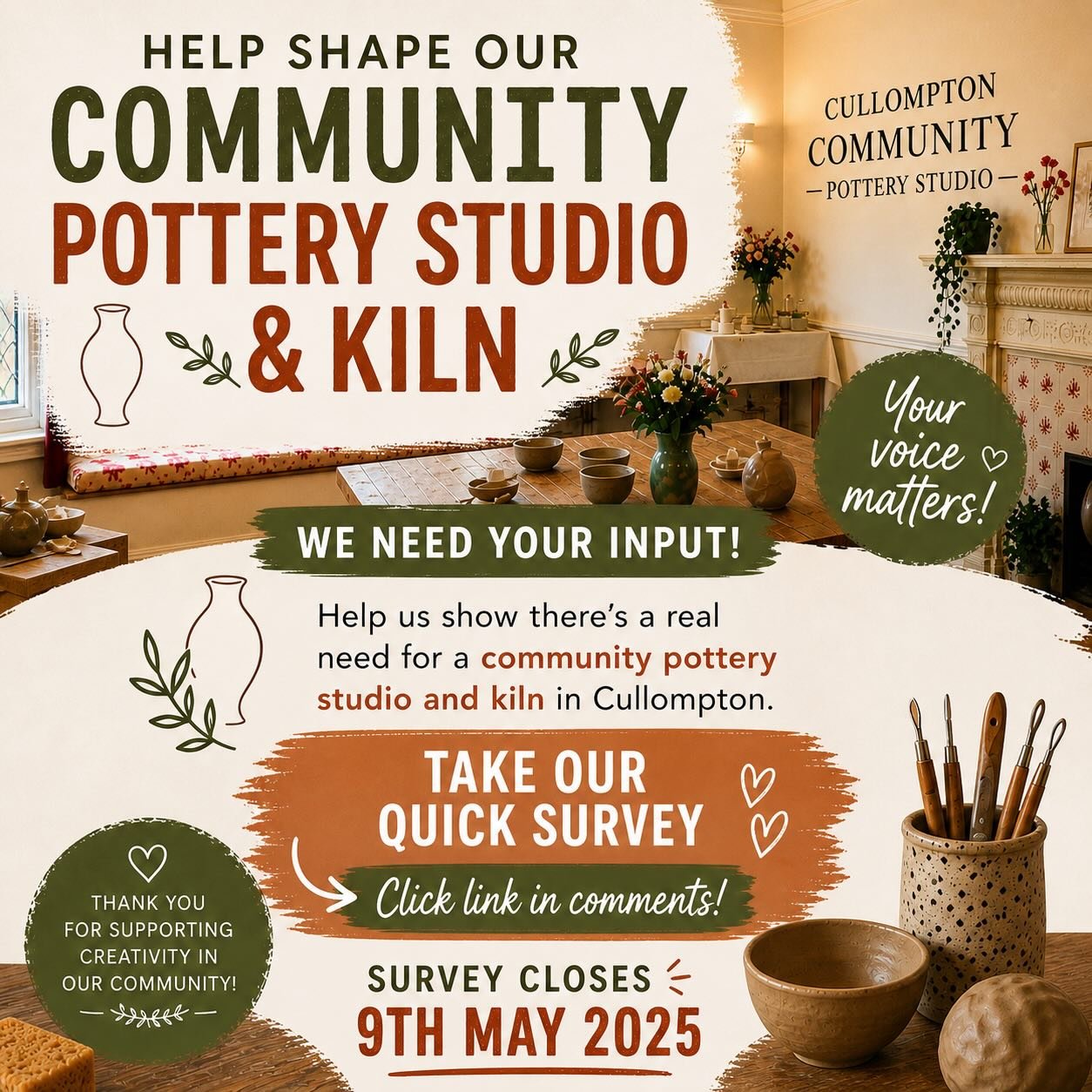 Last chance to have your say in helping to bring a community pottery studio to Cullompton. Link in bio for Instagram or here for FB https://docs.google.com/forms/d/e/1FAIpQLScsAnqe7y92bs9XqzhqQ3c_33zw-aH2A4r9ciiFR_1RtMW-vQ/viewform?usp=header