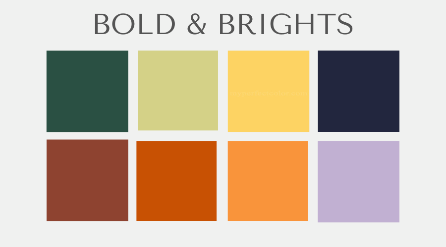 A paint color palette features eight swatches in forest green, sage, yellow, navy, brown, rust, orange, and lavender beneath the heading “Bold & Brights.