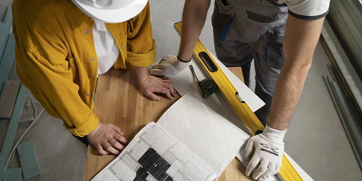 General contractor and worker reviewing floor plans and blueprints on-site to coordinate a complex home remodeling project.