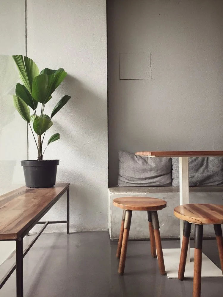 Polished concrete flooring in a minimalist seating area with a built-in concrete bench, wooden table, and neutral finishes.