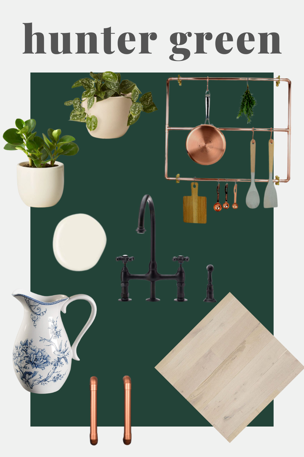 A hunter green kitchen design mood board featuring copper accents, a black faucet, white paint swatch, patterned pitcher, and wood flooring sample.
