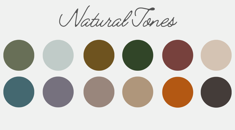 A natural tones paint palette featuring twelve earth-colored circles arranged in two rows beneath the words “Natural Tones.”