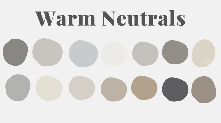 A curated palette of 14 warm neutral paint colors features organic-shaped swatches in beige, taupe, soft gray, off-white, and other earthy shades.