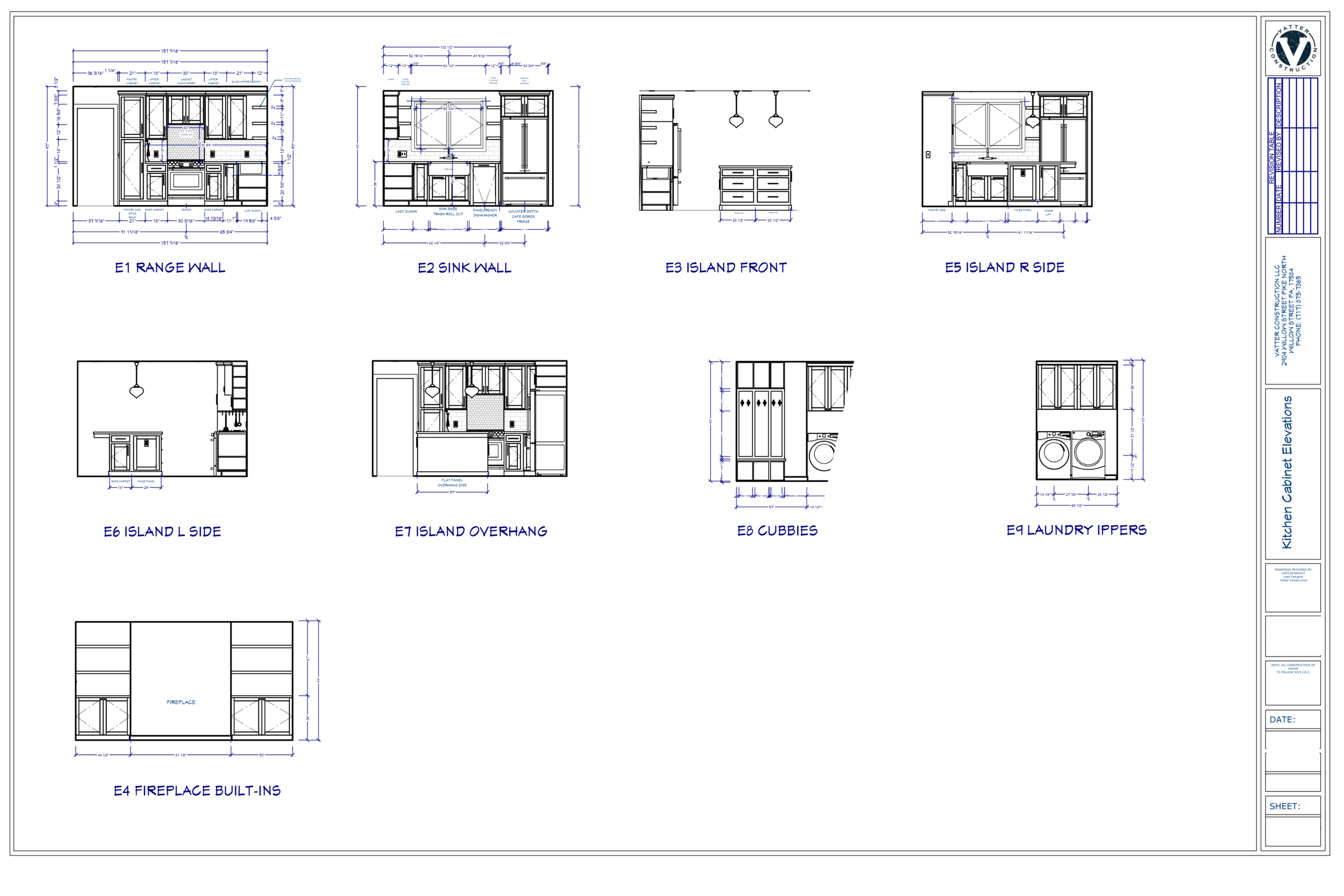 Pictured is a plan for this first floor renovation, showing elevations for each of the custom cabinet locations