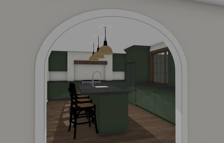 A digital rendering of a kitchen with dark green cabinets, a central island, and bar stools viewed through a white archway.
