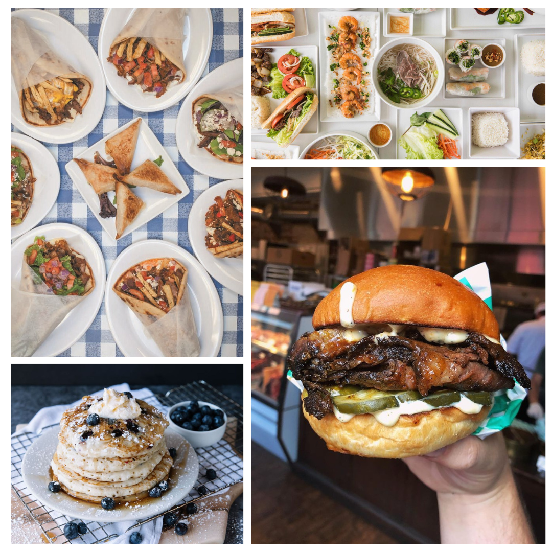 Food collage featuring gyros, Asian dishes, blueberry pancakes, and a gourmet smoked meat sandwich.
