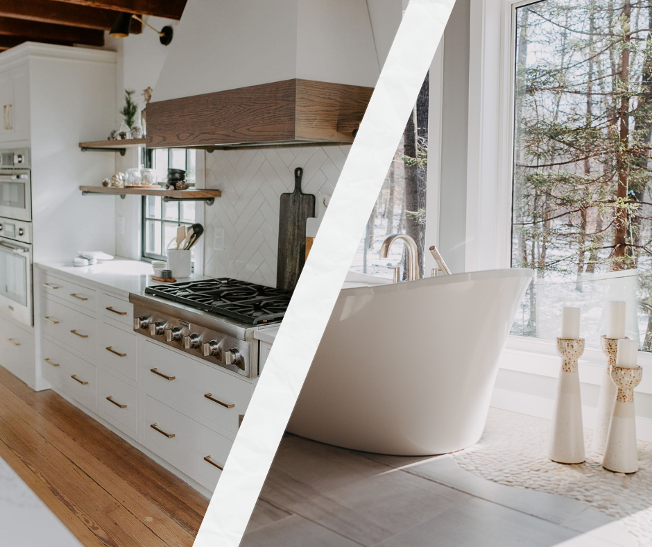 Split interior view combining a modern kitchen with warm wood details and a bathroom overlooking a wooded landscape.