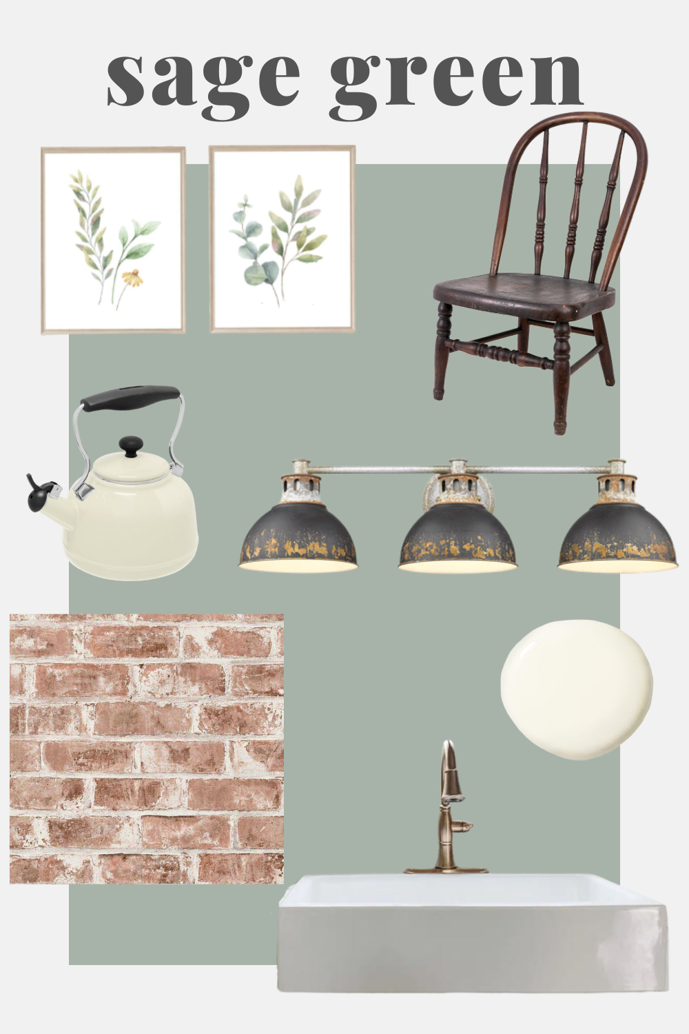 A sage green kitchen mood board combines botanical art, a wooden chair, a cream kettle, pendant lights, brick texture, and a sink with a metallic faucet.