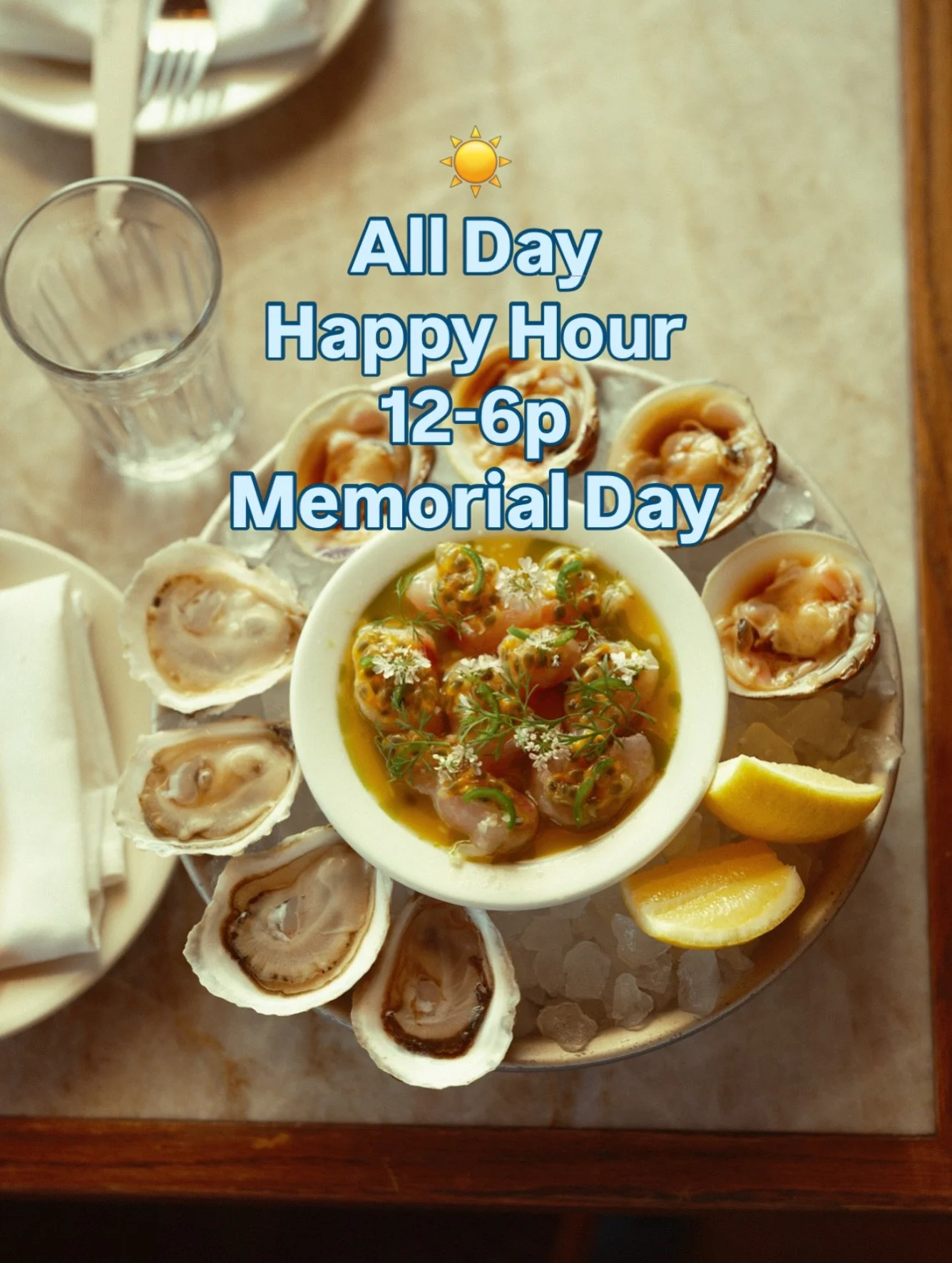 Open 12-6 Monday for Memorial Day
$10 martinis and wines ALL DAY 🍸🌞🦐 
reservations available, walk-ins always!