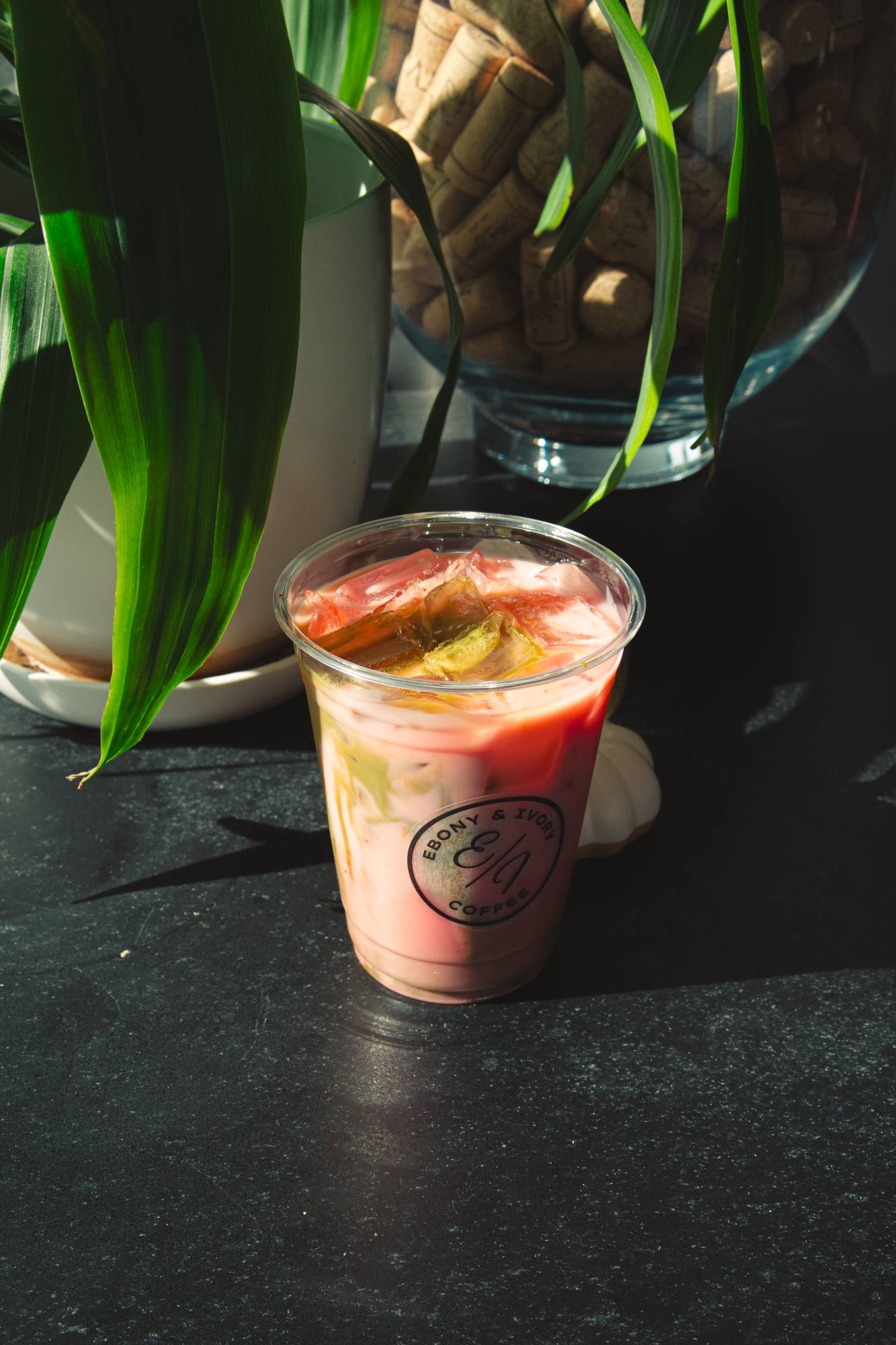 Pomegranate and honey matcha over oat milk
