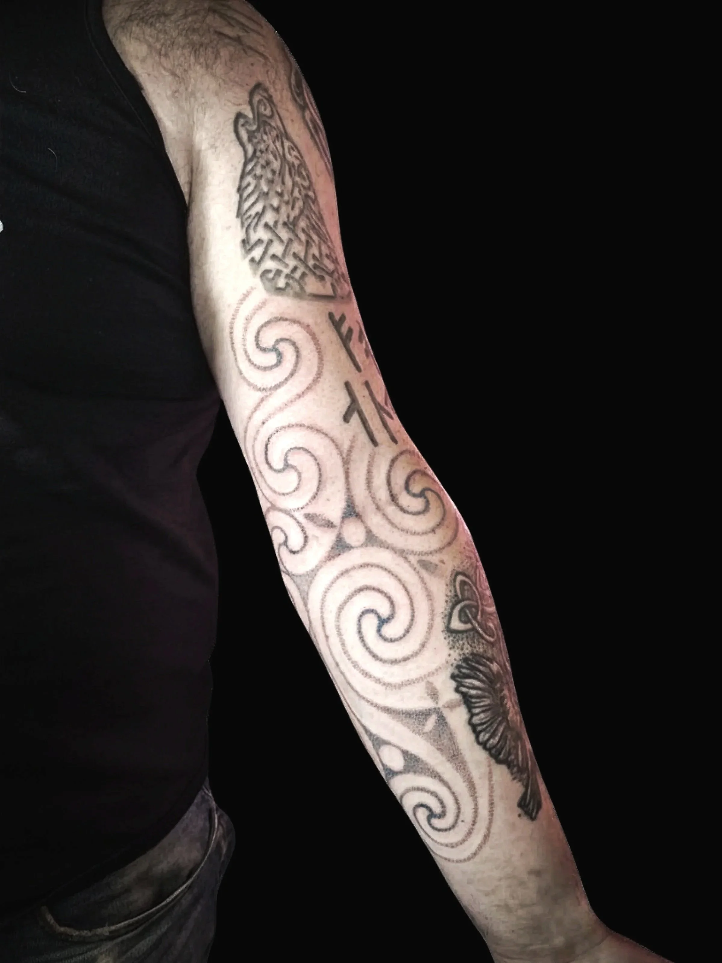 Pictish inspired Spirals tattoo. Hand drawn design, Pictish art, Pictish spirals arm tattoo, black ink, historic art, ancient art