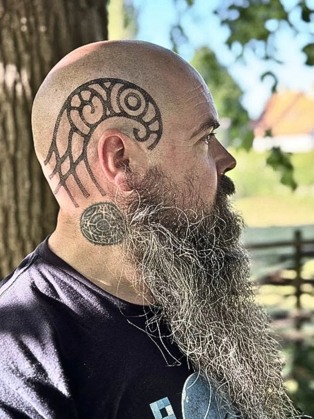 Neo Nordic Bronze Age inspired raven head tattoo. Neo Nordic, Nordic myth inspired, Bronze Age art, Raven, head tattoo, sacred art, black ink