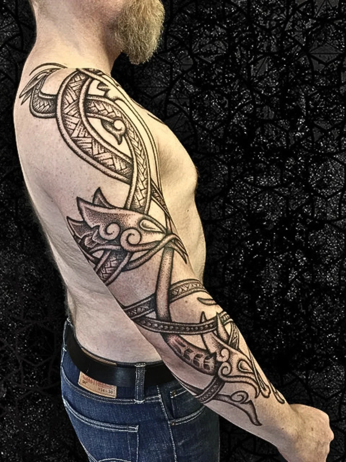 Neo Nordic Urnes inspired dragon arm sleeve tattoo. Nordic inspired art, Nordic Dragon, Urnes dragon, knots, sacred art black ink