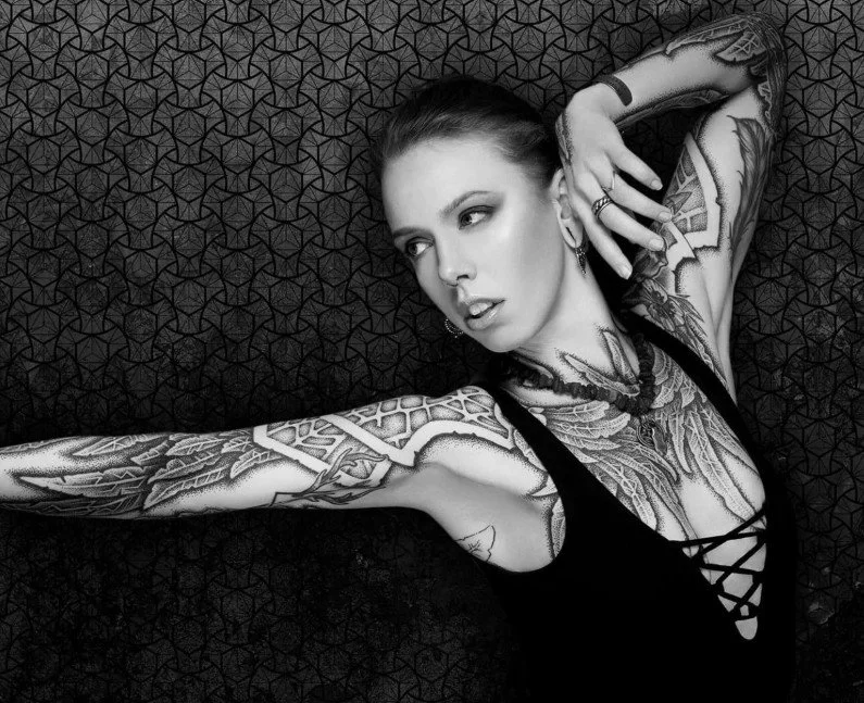 Neo Nordic Bodysuit Tattoo. Nordic mythology inspired bodysuit tattoo, Runes, Ravens, Nordic Wolves, sacred art, black ink