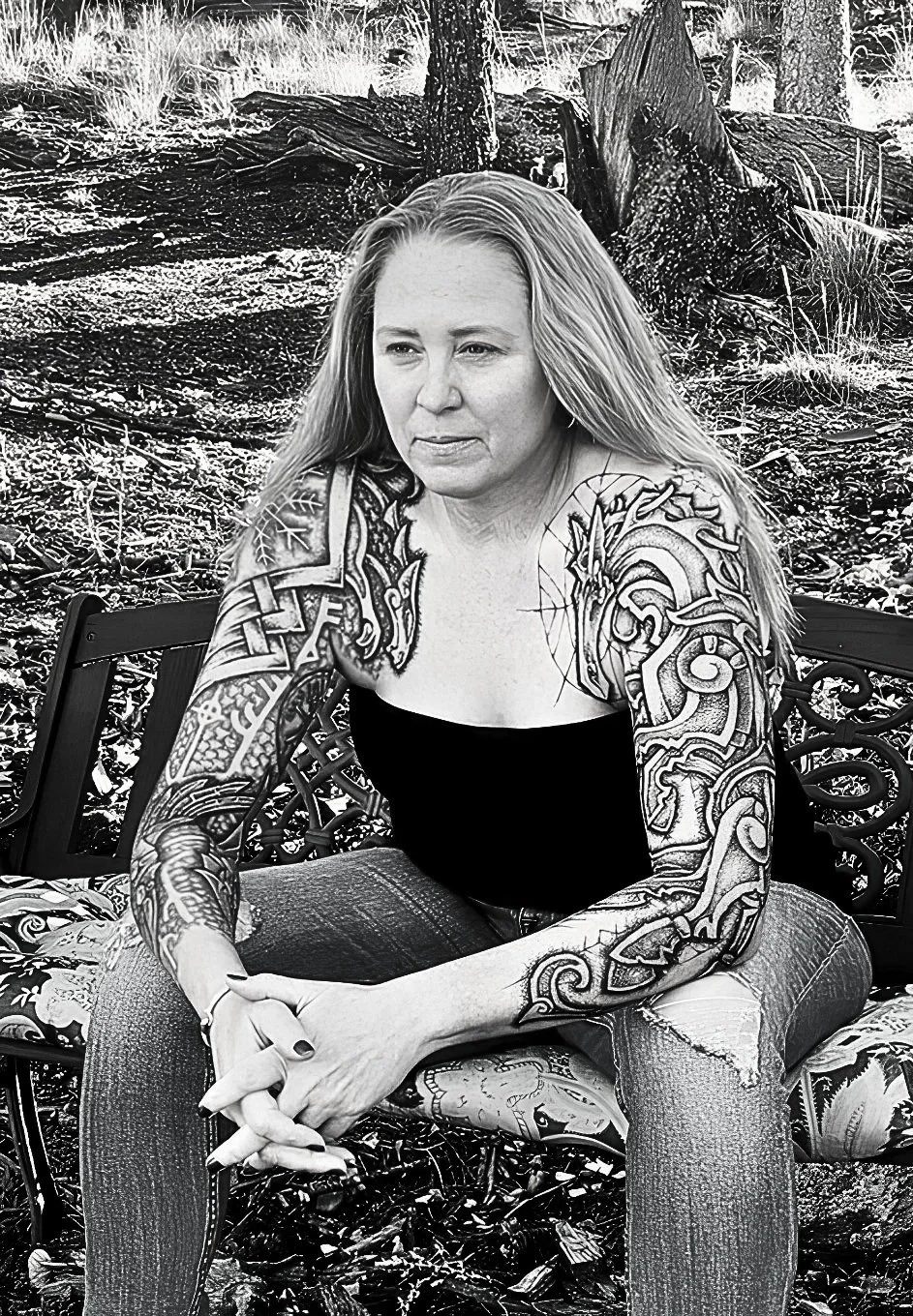 Neo Nordic inspired double arm sleeve tattoo. Nordic mythology inspired, double arm sleeve, hand drawn design, spirit armour, Horse, Wolf, Raven, Runes, sacred art, black ink