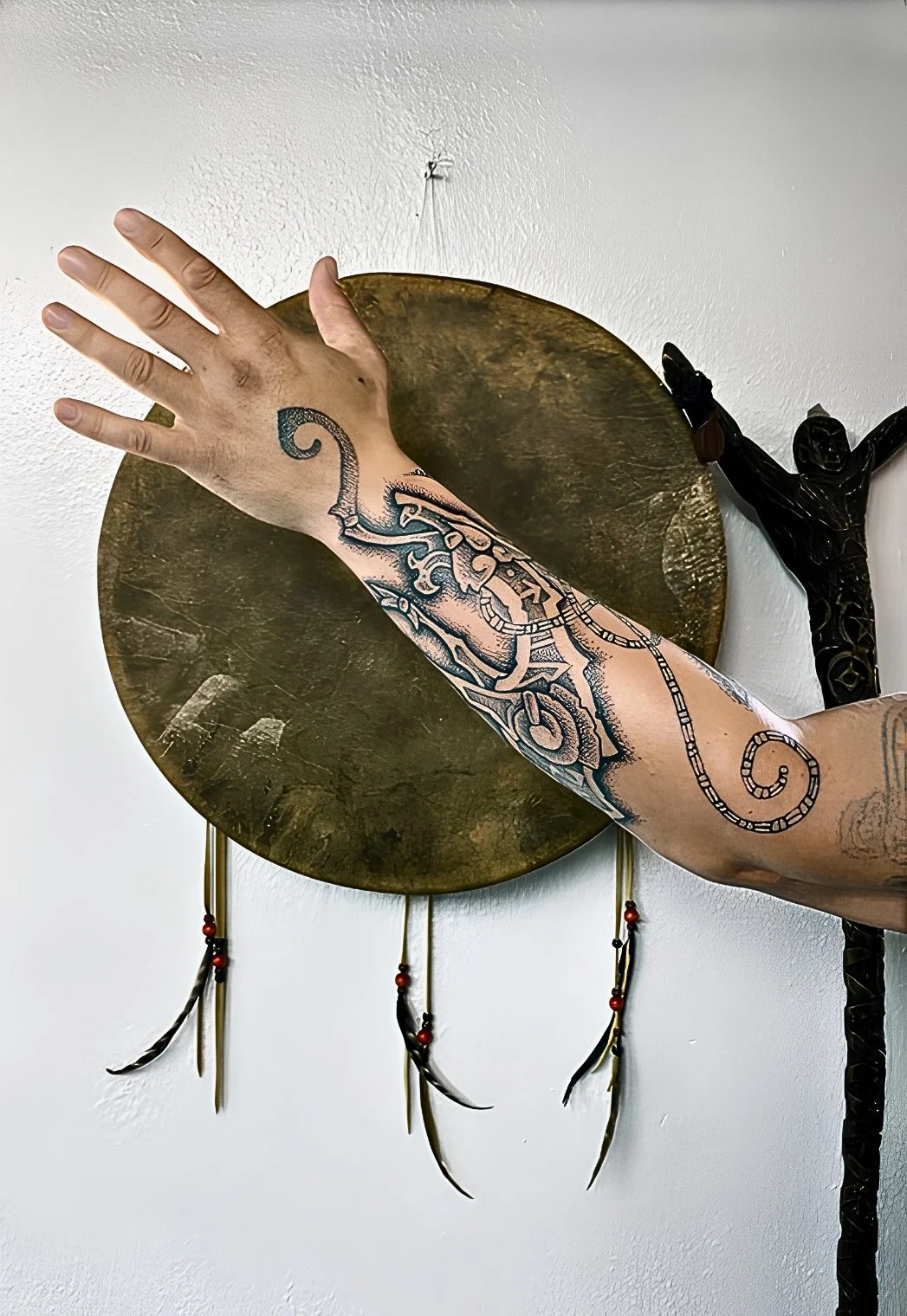 Neo Nordic Fenrir Tyr blessing arm tattoo. Nordic Mythology inspired, Fenrir, Tyr, Runes, Blessing, sacred art, black ink, hand drawn design