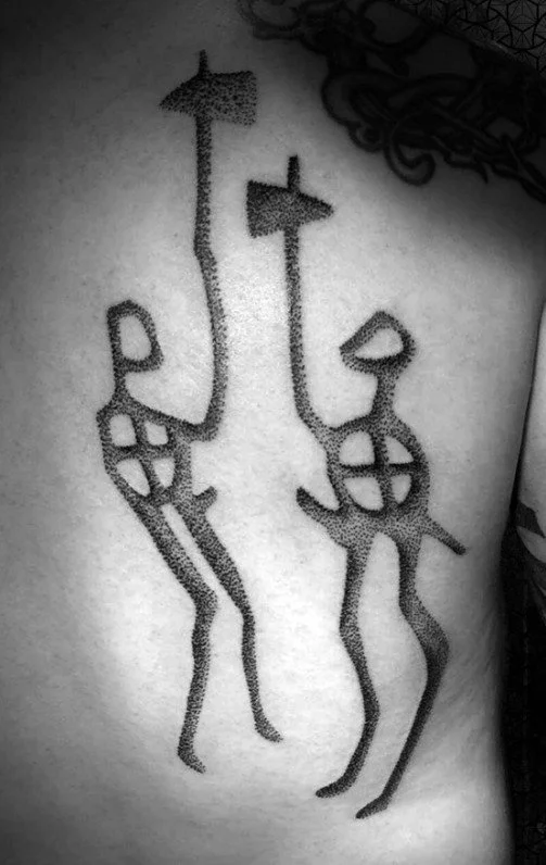 Prehistoric art, Tanum Petroglyph backpiece Tattoo. Ancient art inspired hand drawn design, Petroglyph, rock art, carved art, people, sacred art, black ink