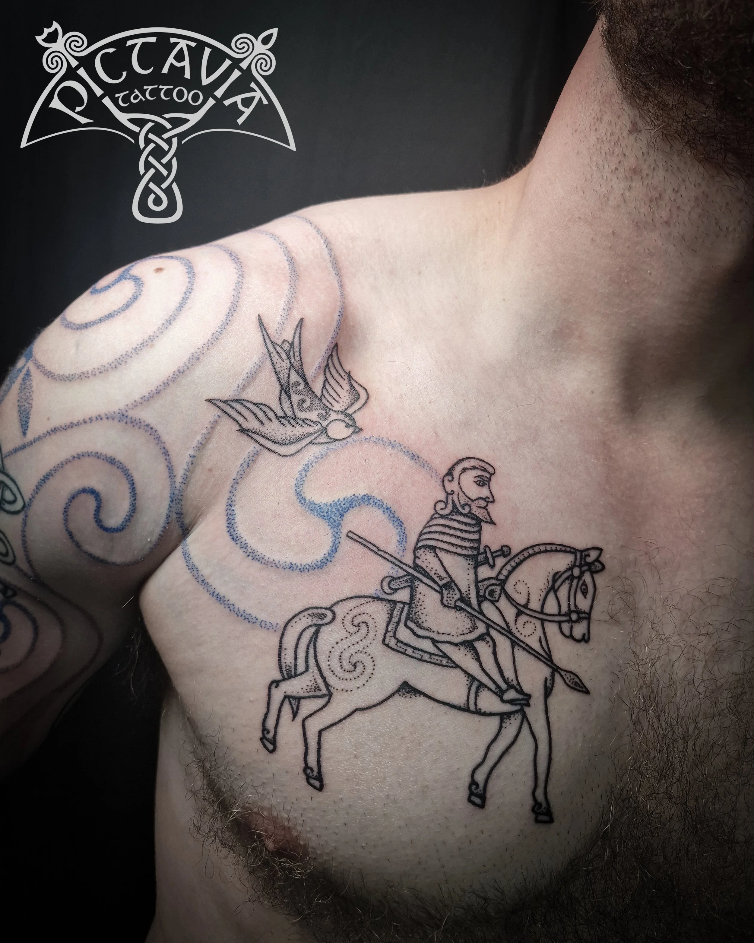 Pictish Warrior and animals chest and sleeve tattoo. Pictish art, Pictish Warrior, Horse and Rider, Hunter, Kirrimuir, Orkney, Wolf, Stag, Bear, Fox, Swallow, hand drawn design 