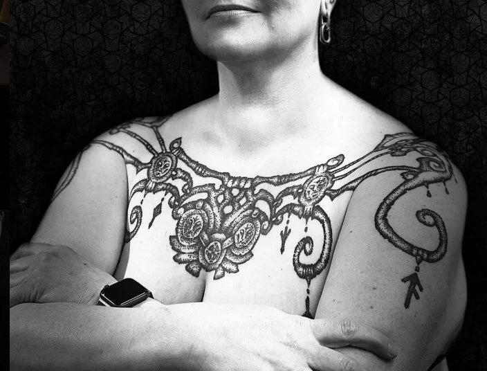 Neo Nordic inspired chest tattoo. Nordic mythology inspired art, Brisingamen, The Lady, chest piece, Viking mythology, Runes, sacred art, black ink