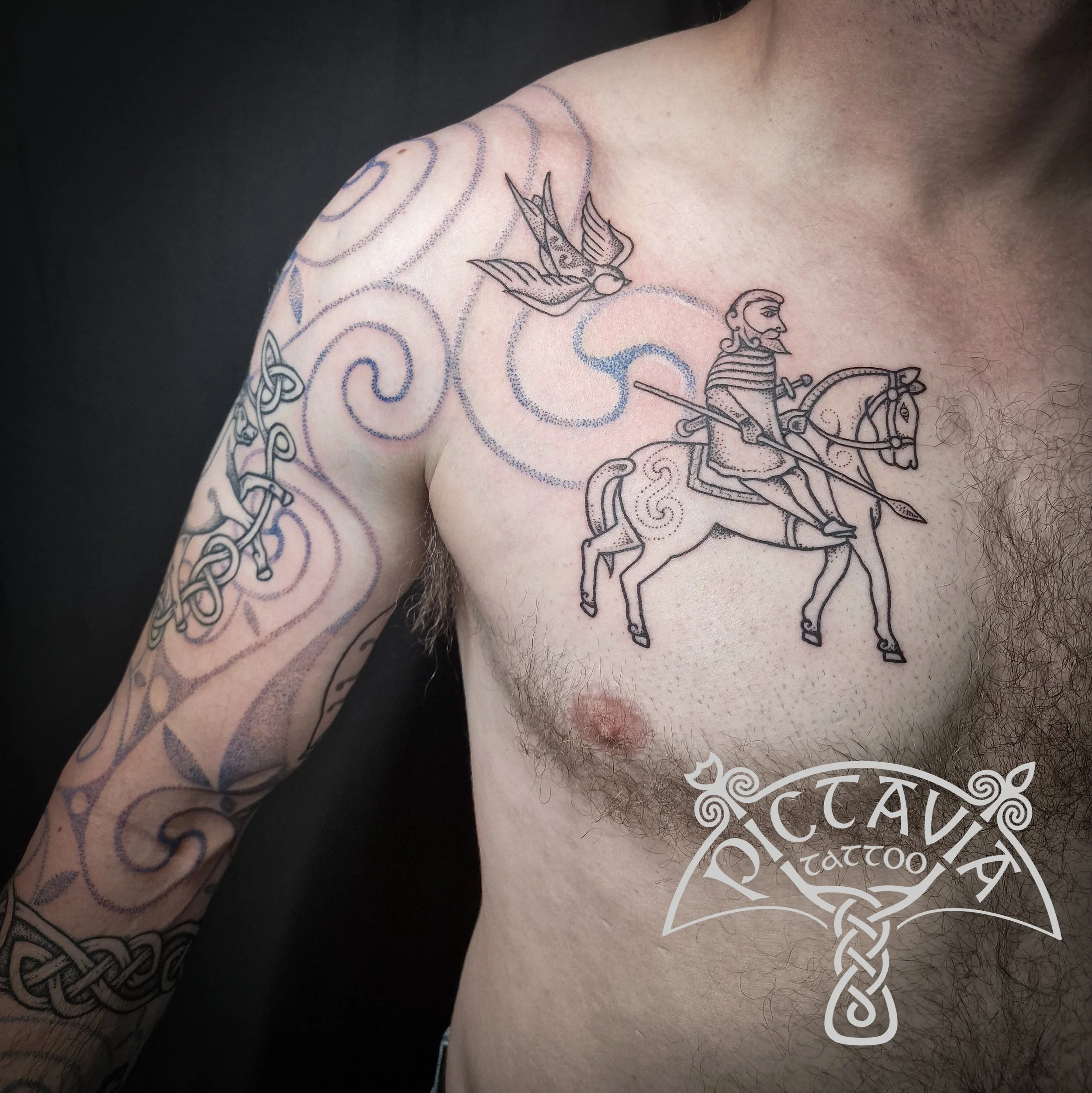 Pictish Warrior and animals chest and sleeve tattoo. Pictish art, Pictish Warrior, Horse and Rider, Hunter, Kirrimuir, Orkney, Wolf, Stag, Bear, Fox, Swallow, hand drawn design 