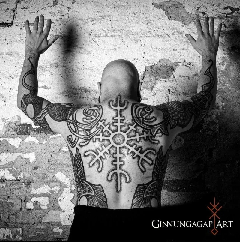 Neo Nordic full bodysuit and back piece. Nordic inspired art, Viking art, Aegishjalmr, Giant Stave, Runes, Ravens, sacred art, black ink, hand drawn design