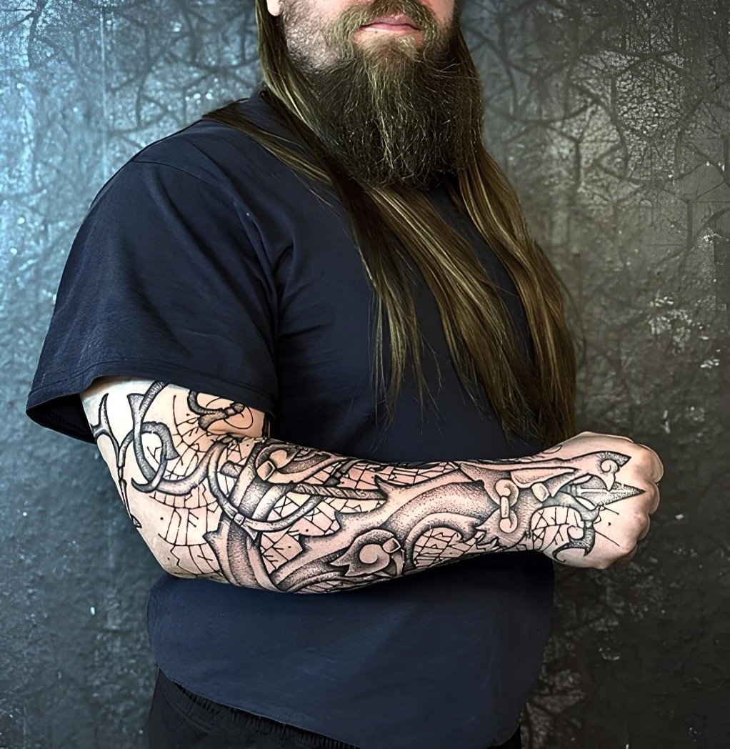 Neo Nordic full sleeve and hand tattoo. Hand drawn design, full sleeve, Nordic Inspired art, Nordic Wolf, Nordic Dragon, Viking Beast, Viking Runes, sacred art, black ink